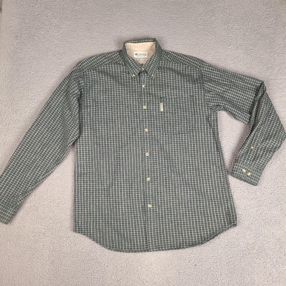 Columbia Flannel Shirt Mens Large Green White Plaid Long Sleeve Outdoor